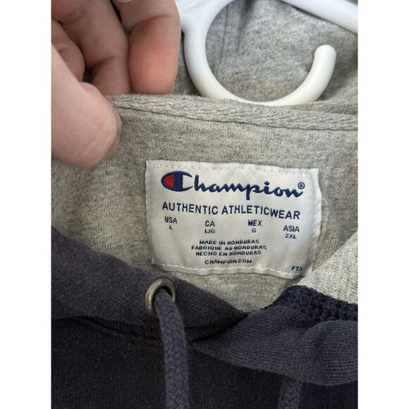 Champion Sweatshirt Mens L Navy Blue Hoodie Spellout Chest C Logo Sweater Hood - Picture 9 of 9